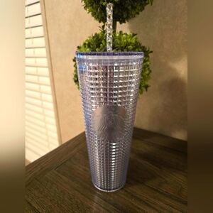 NWOT 2020 RETIRED Starbucks Iridescent Clear Silver Tumbler Cup Grid Disco